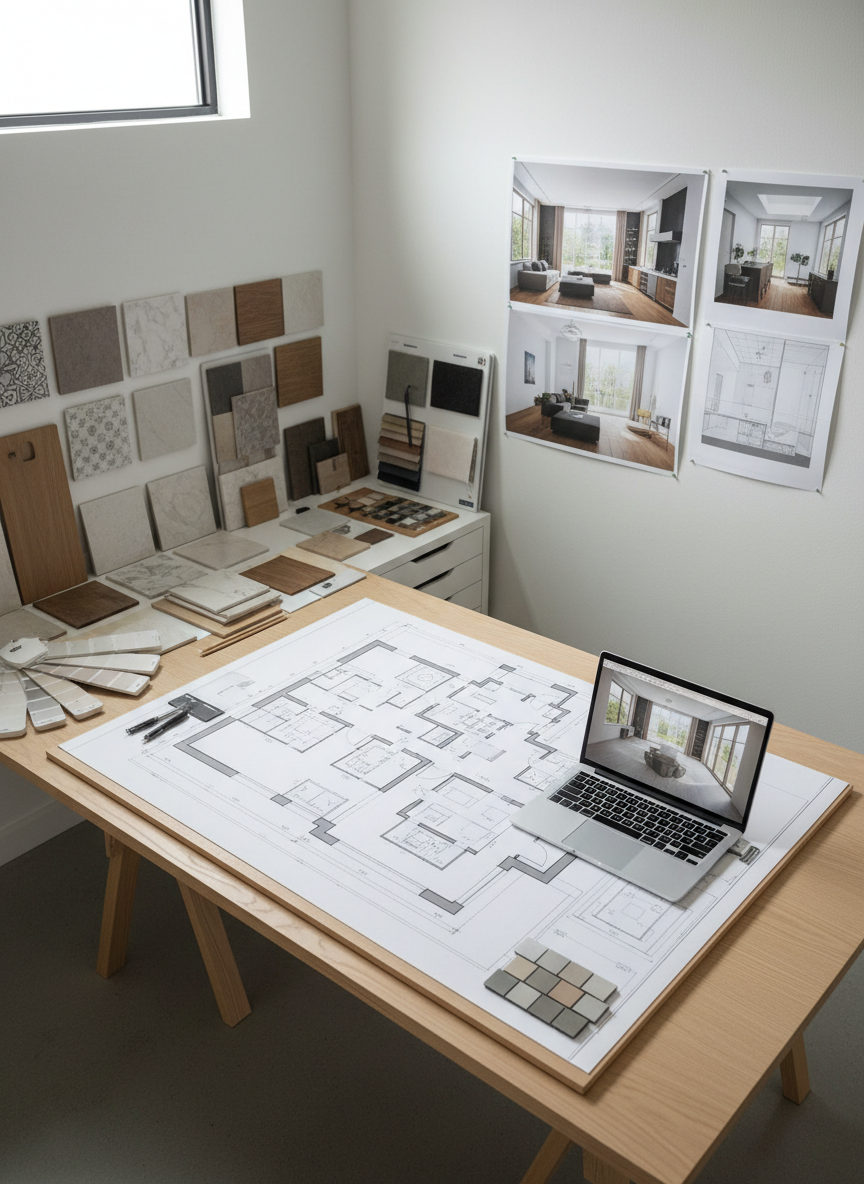 A meticulously organized design studio workspace focused on residential planning, featuring a large, light-wood drafting table covered with detailed floor plans, material samples, and finish boards. Crisp white walls provide a neutral backdrop for pinned-up elevation drawings and colored renderings of remodeled interiors. Neatly stacked tile samples, wood veneers, and paint swatches are arranged in logical groups along one side of the table. A laptop displays a 3D model of a modern living room on its screen. Soft, even daylight from a high side window illuminates the scene, creating subtle shadows and emphasizing texture without harsh contrast. Photographed from a three-quarter overhead angle, with sharp focus and photographic realism, the composition conveys professionalism, precision, and thoughtful planning in a calm, organized atmosphere tailored to residential design services.