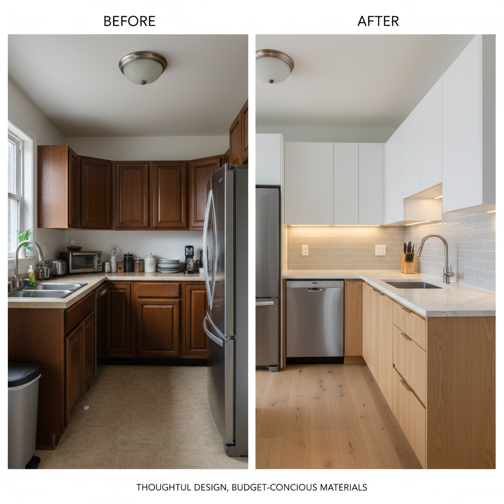 A detailed before-and-after split image of a compact residential kitchen remodel, with the left side showing an outdated space with dark cabinets and cluttered countertops, and the right side revealing a transformed, efficient layout. The new design features sleek matte white upper cabinets, light wood lower cabinets, and a pale quartz countertop with subtle veining. Under-cabinet LED lighting casts an even glow onto the backsplash of small rectangular tiles in soft gray. Stainless steel appliances are integrated neatly, maximizing storage. The environment feels bright and organized, illuminated by soft overcast daylight from a nearby window. Shot straight-on with architectural precision and photographic realism, the composition clearly highlights improved functionality, budget-conscious materials, and thoughtful planning, creating a calm, professional atmosphere perfect for showcasing residential design services.