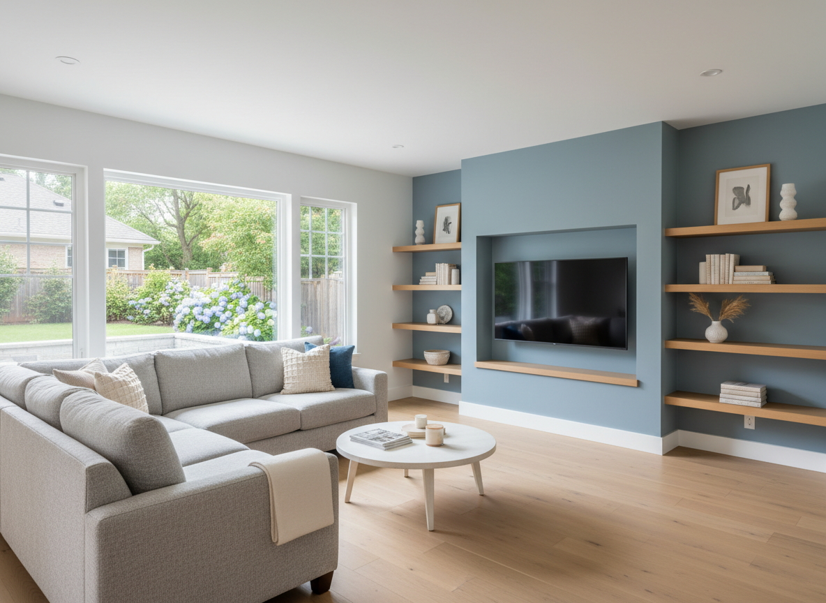 A bright, open residential living room showcasing a beautifully coordinated remodeling concept, with a mix of crisp white walls and a single soft slate-blue accent wall. A built-in media niche with clean, simple shelving in warm light oak is integrated seamlessly into the space, displaying neatly arranged decor objects. Large, energy-efficient windows frame a suburban backyard, allowing natural daylight to wash over a neutral sectional sofa and low-profile coffee table. Soft, diffused afternoon light creates gentle shadows and subtle highlights on the matte finishes. Photographed at eye level with a wide-angle lens, sharp focus from foreground to background, the composition emphasizes functional flow and efficient use of space. The mood is professional yet inviting, with a clean, modern, photographic realism aesthetic suited for residential planning and design services.