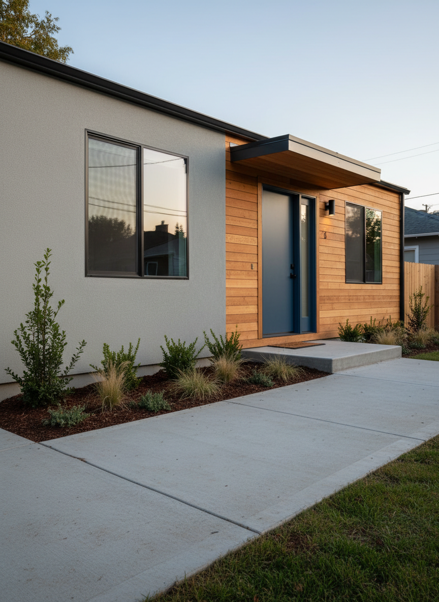 A refined, contemporary exterior view of a modest single-family home illustrating a tasteful front elevation redesign. The façade combines smooth light-gray stucco with horizontal warm cedar siding accents around the entry, creating a balanced, updated look. A simple, flat-roof canopy in dark metal defines the front door, which is a solid slab in a muted deep blue with a narrow vertical glass insert. Energy-efficient windows with slim black frames are symmetrically placed, and a narrow planting bed with low-maintenance shrubs lines the walkway. Early evening light casts long, gentle shadows across the clean concrete path and highlights the textures of siding and stucco. Photographed from ground level at a slight angle, the composition emphasizes curb appeal and practical improvements. The style is clean, modern, and realistic, expressing professional residential design on an attainable budget.