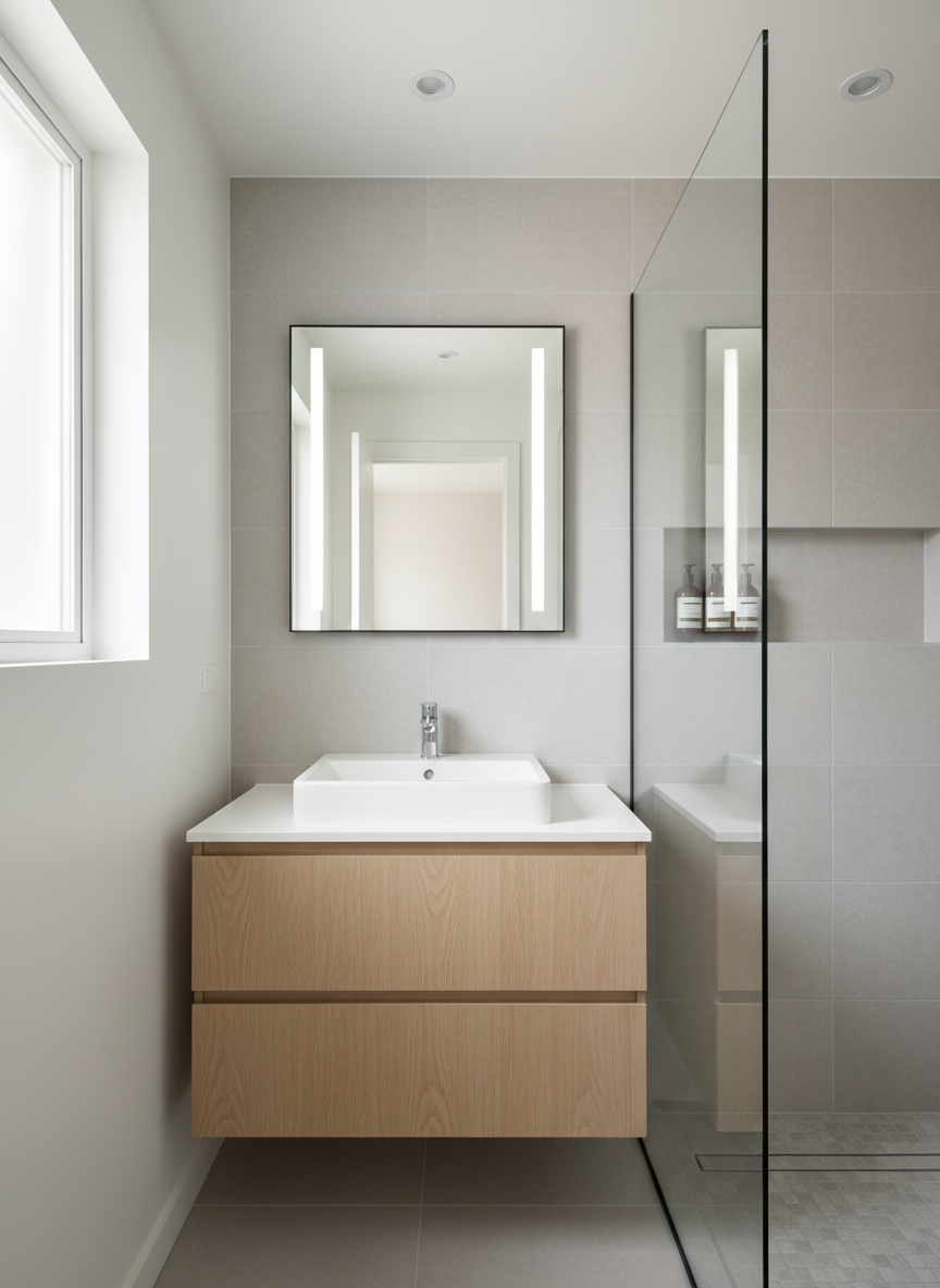 A serene, modern bathroom remodel concept within an existing home, showcasing how a compact space can be elevated on a realistic budget. A floating vanity in light, natural oak supports a simple rectangular white sink with a slim-profile chrome faucet. The wall behind is clad in large-format, matte light-gray tiles, while the remaining walls are painted a clean, soft white. A framed, backlit mirror provides even, flattering illumination. On one side, a walk-in shower with clear glass panel features a single linear drain and a small recessed niche with neatly arranged toiletries. Soft overhead LED lighting and a hint of indirect daylight from a frosted window create a bright, tranquil feel. Captured straight-on with balanced, photographic realism, the mood is calm, efficient, and highly functional, emphasizing thoughtful residential planning.