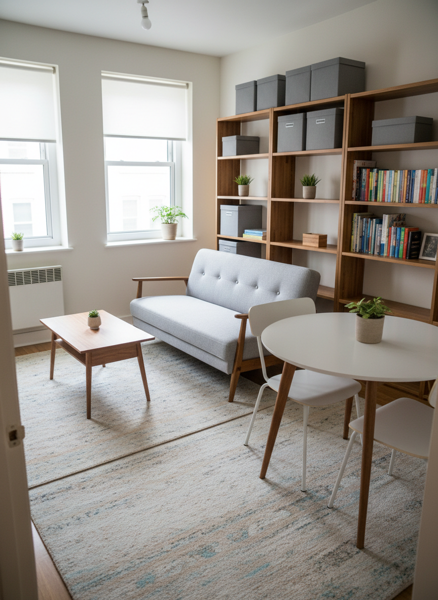 A cozy, budget-friendly small apartment living-dining combo, expertly arranged to maximize every square foot. A compact, light-gray fabric sofa with slim arms faces a low, rectangular walnut coffee table, while a round, extendable dining table with simple white top and slender wooden legs sits nearby. Built-in wall shelving utilizes vertical space for storage, holding neatly organized boxes and a few restrained decorative items. A soft, textured area rug in muted tones defines the seating area. Natural light filters through simple white roller shades, creating a gentle, diffused ambiance. Captured from a slightly elevated angle with a wide-angle lens, the composition emphasizes flow and space efficiency. The mood is practical, calm, and achievable, with a clean, photographic realism style that communicates smart residential planning for any budget.