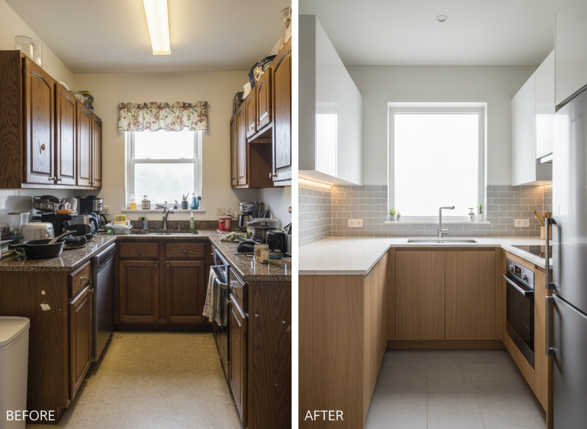 A detailed before-and-after split image of a compact residential kitchen remodel, with the left side showing an outdated space with dark cabinets and cluttered countertops, and the right side revealing a transformed, efficient layout. The new design features sleek matte white upper cabinets, light wood lower cabinets, and a pale quartz countertop with subtle veining. Under-cabinet LED lighting casts an even glow onto the backsplash of small rectangular tiles in soft gray. Stainless steel appliances are integrated neatly, maximizing storage. The environment feels bright and organized, illuminated by soft overcast daylight from a nearby window. Shot straight-on with architectural precision and photographic realism, the composition clearly highlights improved functionality, budget-conscious materials, and thoughtful planning, creating a calm, professional atmosphere perfect for showcasing residential design services.